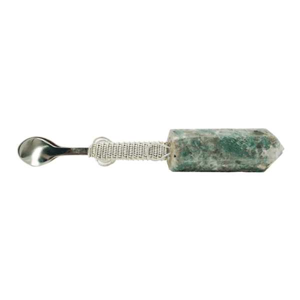 Green crystal spoon with silver wire wrap.