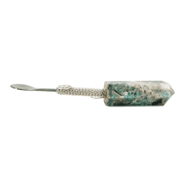 Green crystal wrapped silver spoon tool.