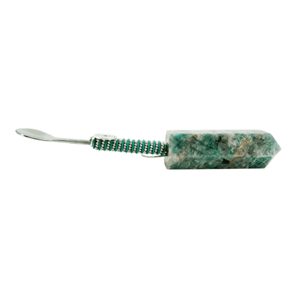 Green gemstone spoon with silver handle.