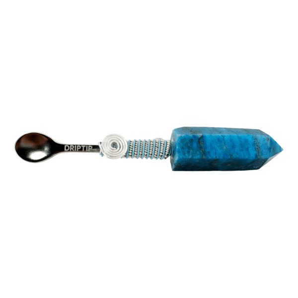 Blue crystal spoon with silver handle.