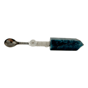 Teal crystal spoon with silver wire wrap.