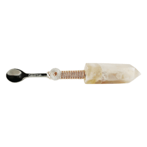 Silver spoon with crystal handle and wire wrap.