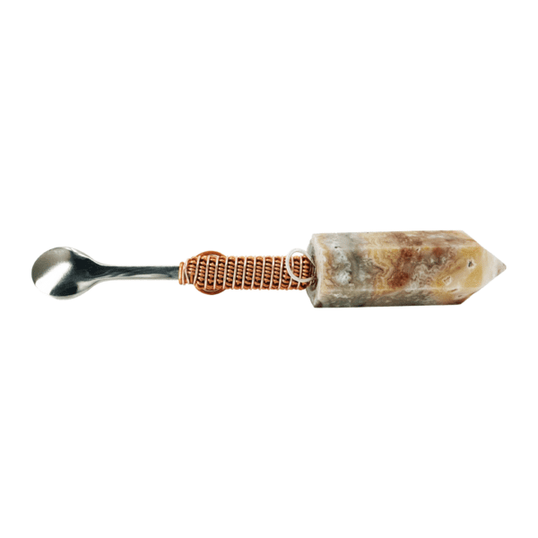 Stone and metal spoon with copper wire wrap.