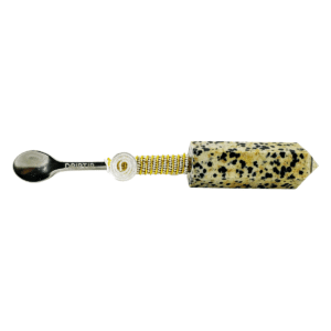 Dalmatian stone spoon pipe with metal band.