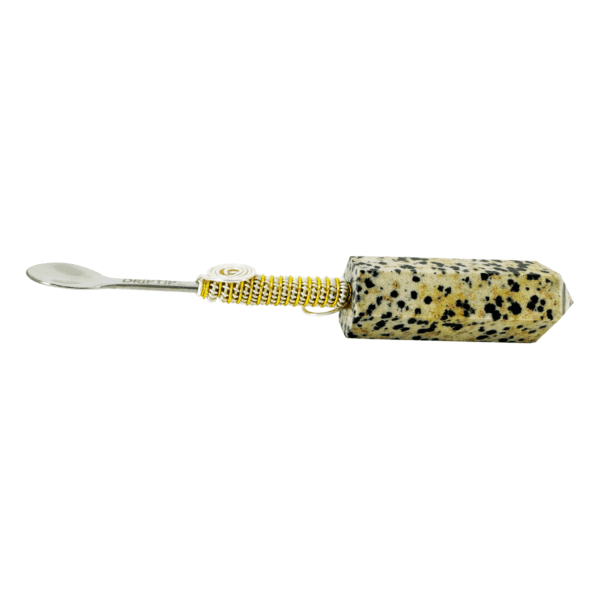 Stoneware spoon with gold wire wrap.