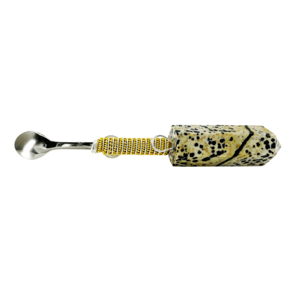 Dalmatian jasper spoon with gold wire wrap.