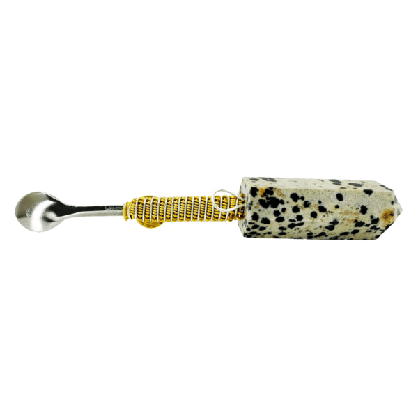 Dalmatian jasper spoon with gold wire wrap.