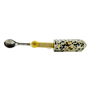 Dalmatian jasper spoon with gold wire wrap.