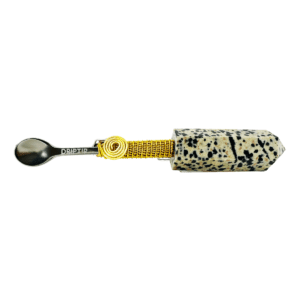 Dalmatian jasper spoon with gold wire wrap.