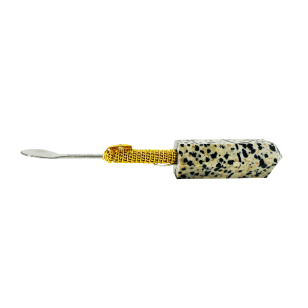 Dalmatian jasper spoon with gold wire wrap.