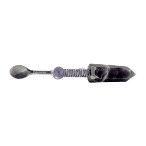 Amethyst crystal spoon with metal handle.