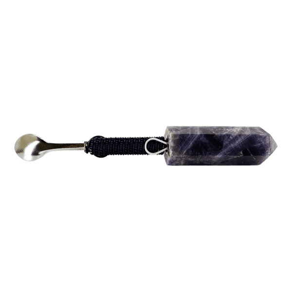 Amethyst crystal spoon with black cord.