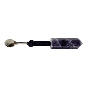 Amethyst crystal spoon with black wire handle.