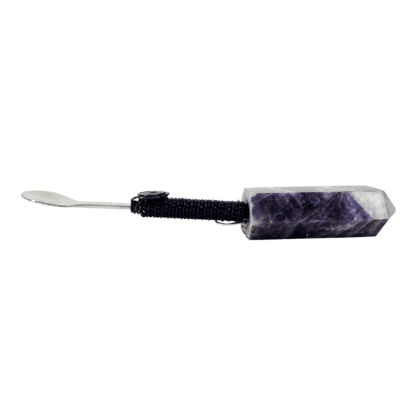 Amethyst crystal spoon with black cord.