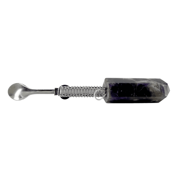 Amethyst crystal spoon with wire handle.