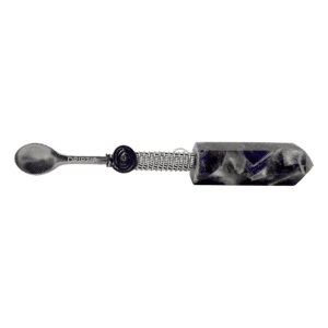 Amethyst crystal spoon with silver handle.