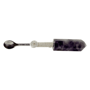 Amethyst crystal spoon with metal handle.