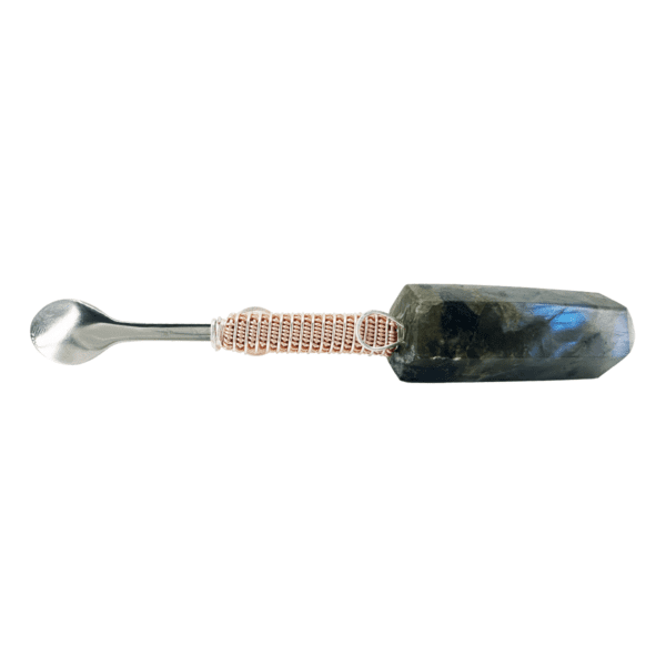 Labradorite crystal spoon with copper wire.