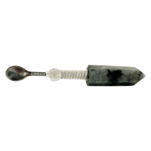 Black crystal spoon with silver wrap.