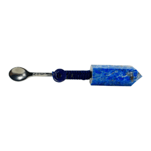 A spoon with a blue handle and a blue stone.