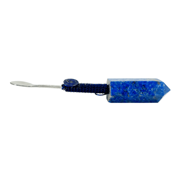 A blue stick with a black handle and a white tag.