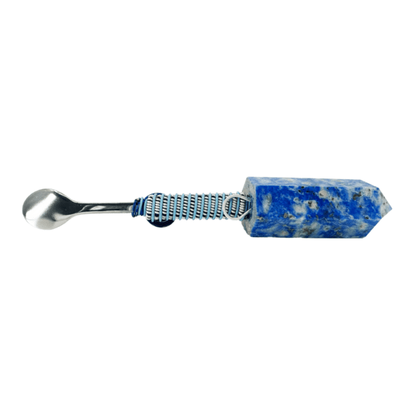 A blue and white key chain with a metal handle.