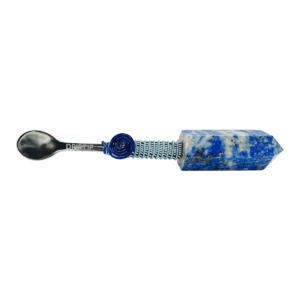 A spoon with blue and white marble design.