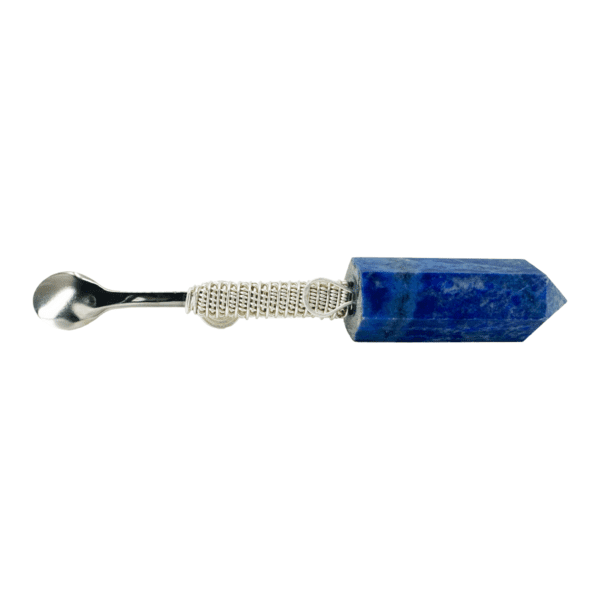 A blue stone with a silver handle and a metal hook.