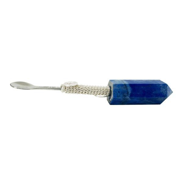 A blue stone with a silver handle.