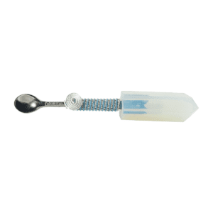 A spoon with a plastic handle and a blue string.