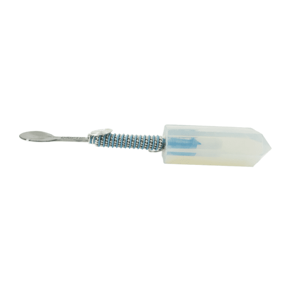 A toothbrush with a blue handle and white cap.