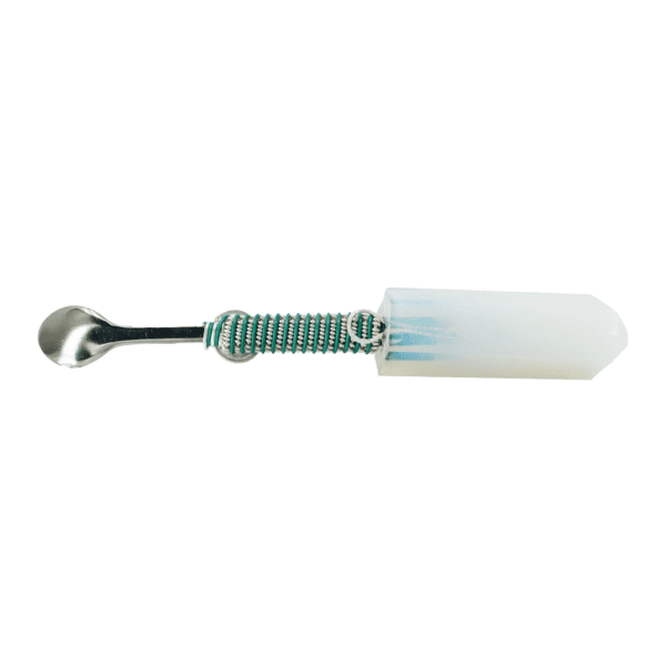 A spoon with a green handle and white brush.