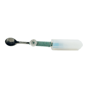 A spoon with a green handle and white plastic cover.