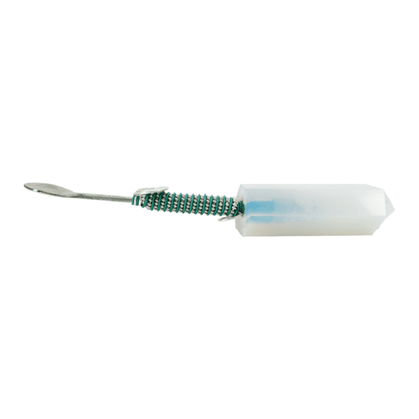 A green and white toothbrush with a blue handle.