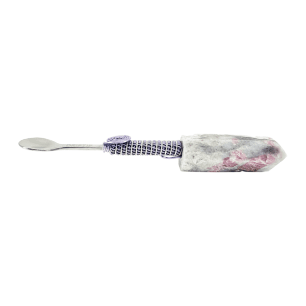 A toothbrush with a purple handle and white background