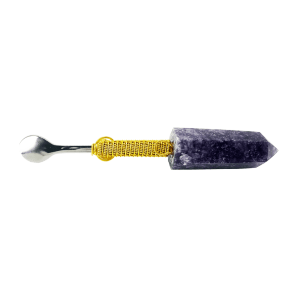 A purple and yellow spoon with a purple handle.