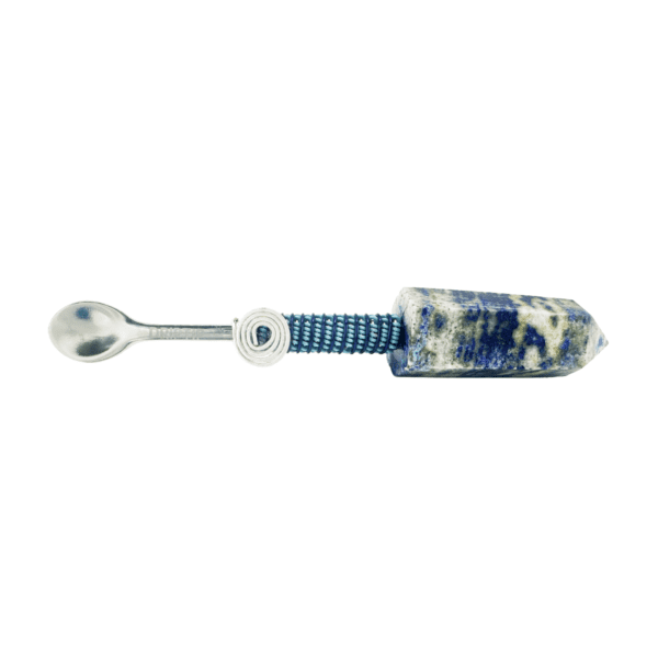 Lapis lazuli crystal spoon with wire wrap.