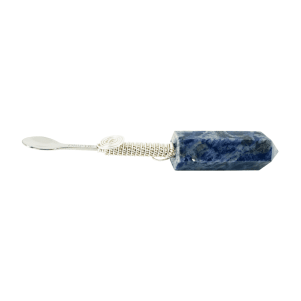 Blue gemstone spoon with silver wire wrap.