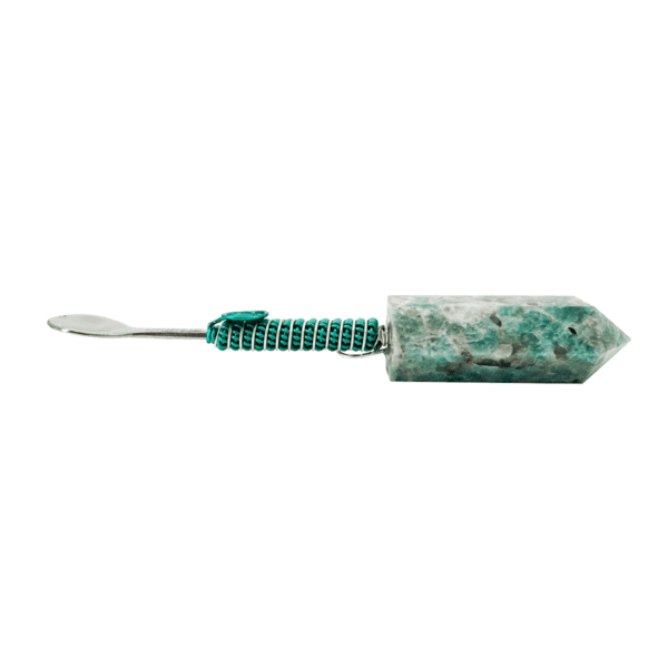 Green crystal spoon with wire handle.