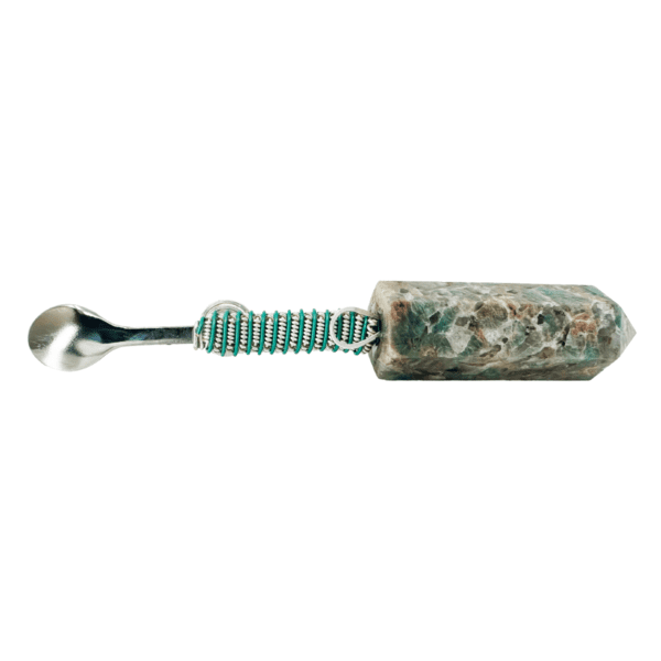 Green stone spoon with silver wrap.