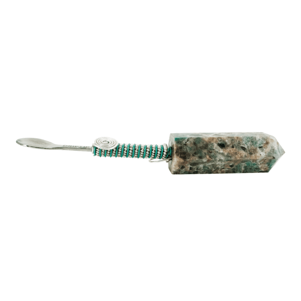 Green gemstone spoon with wire handle.