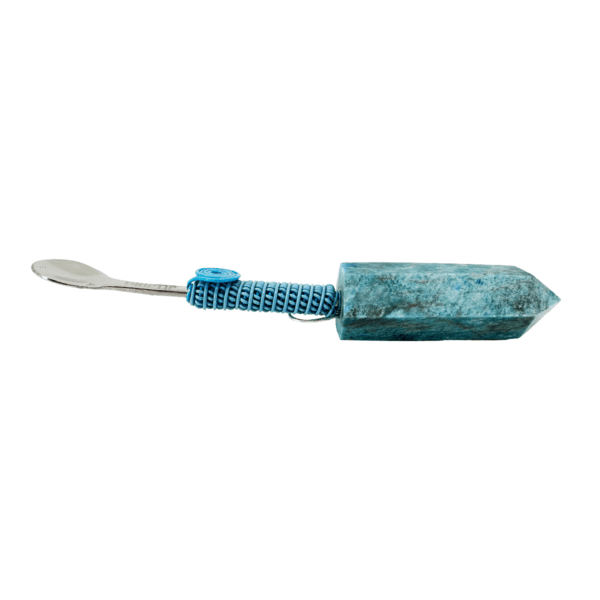 Blue crystal spoon with wrapped handle.