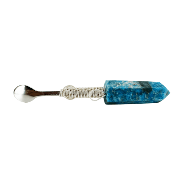 Blue crystal and silver spoon tool.