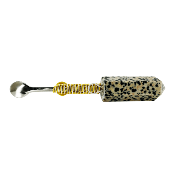 Dalmatian jasper spoon with gold wire wrap.