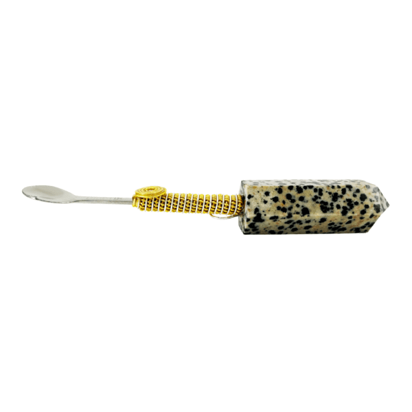 Dalmatian jasper spoon with gold trim.