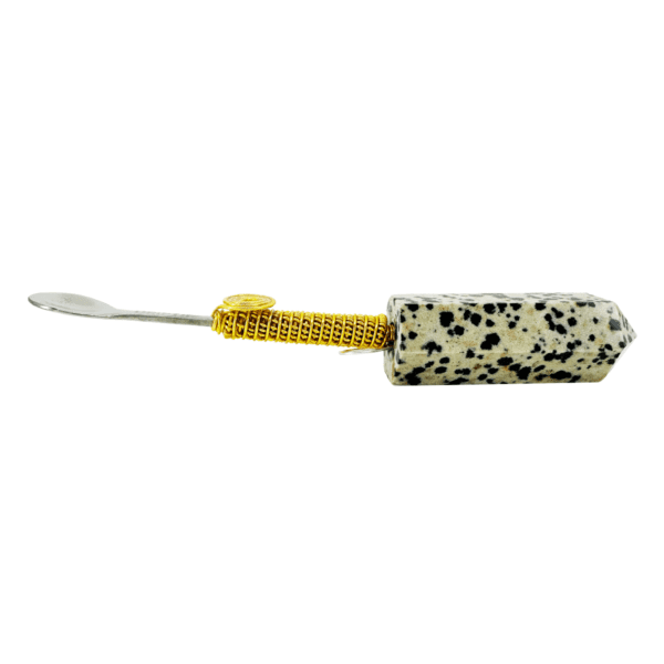 Dalmatian jasper spoon with gold wire wrap.