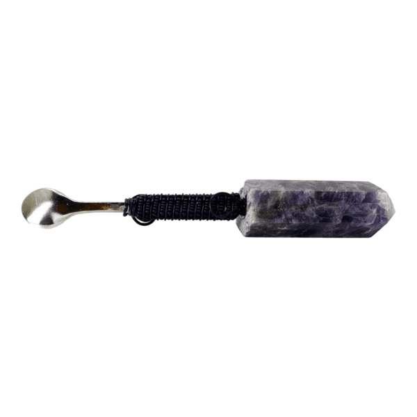 Amethyst crystal spoon with black wire wrap.