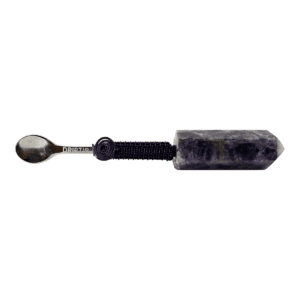 Amethyst crystal spoon with silver handle.