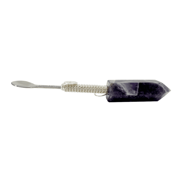 Amethyst crystal spoon with wire handle.