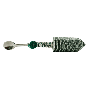 Green stone spoon with silver handle.